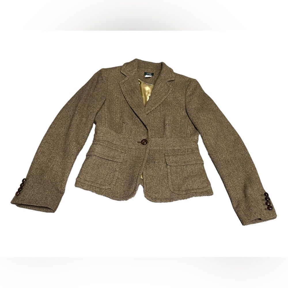 Women’s J CREW flecked WOOL BLEND brown 1 button tweed riding blazer size 4